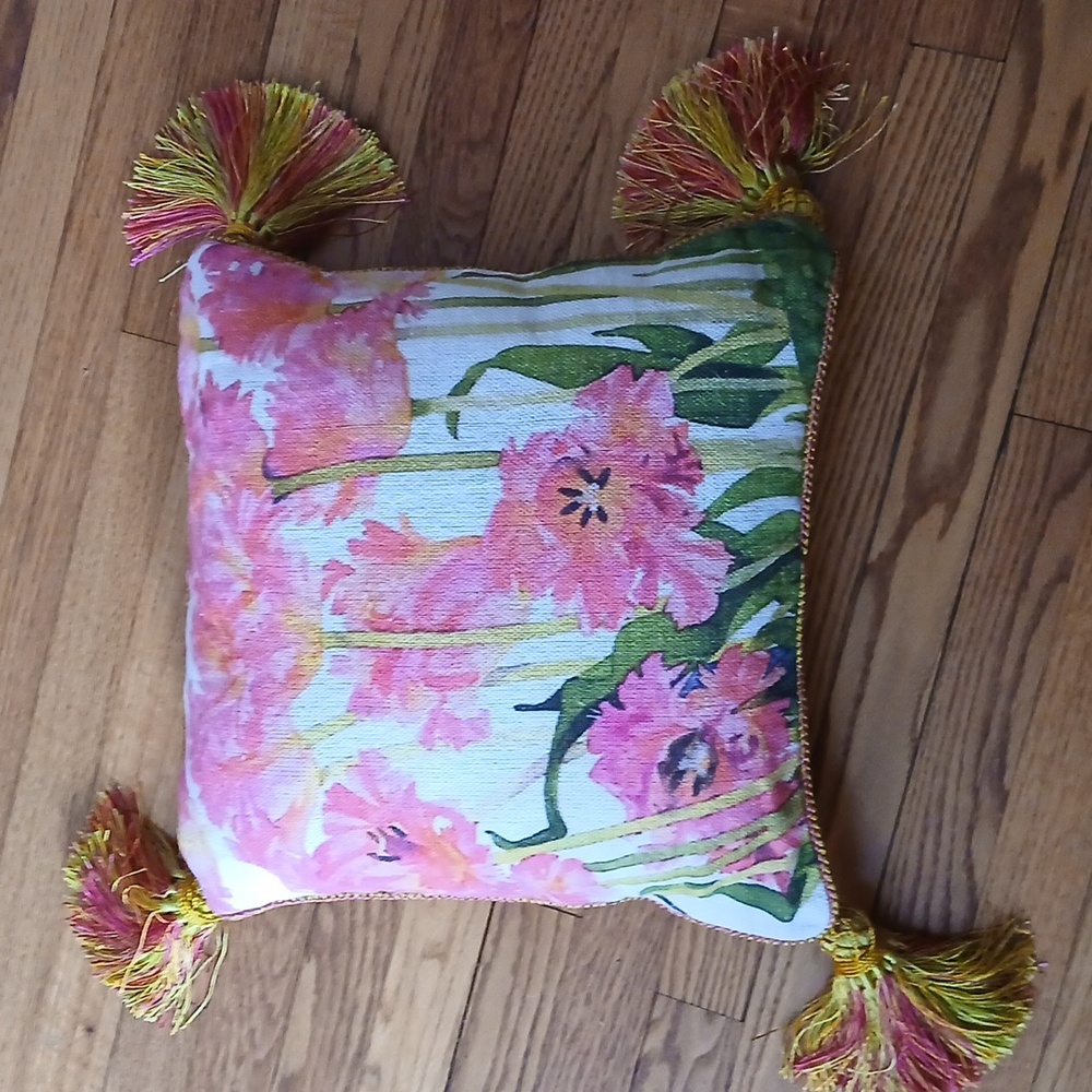 Mackenzie-Childs Parrot Tulip Check Tassled Pillow ■ Retired Vintage Design - Picture 2 of 9
